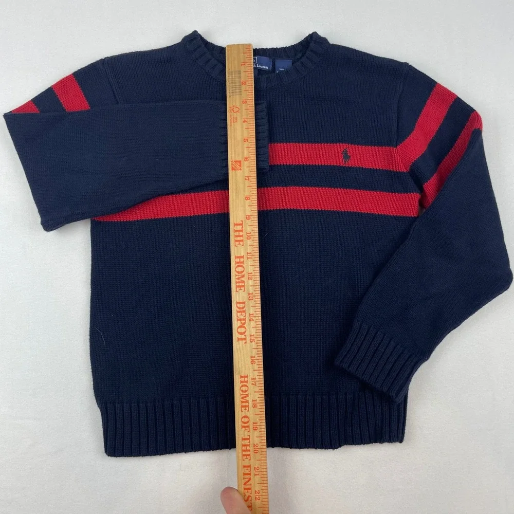 Polo Ralph Lauren Kids Navy Blue Red Striped Cotton Knit Crewneck Sweater Small